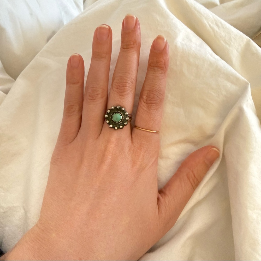 Vintage Sterling Silver Turquoise Ring Ornate Artisan Setting Size 7